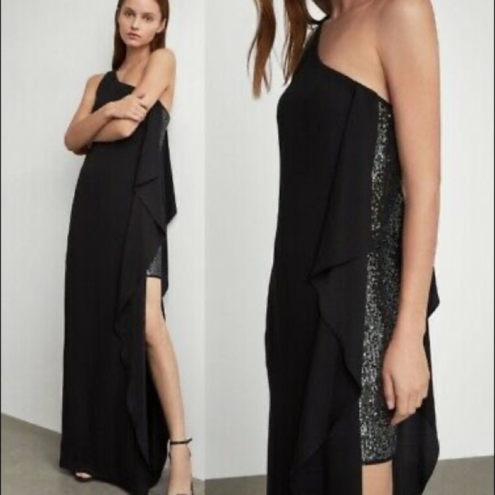 BCBG MAX AZRIA SEQUINED RUFFLED FORMAL DRESS